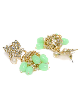 Gold-Toned & Sea Green Stone-Studded Handcrafted Classic Jhumkas