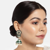 Green & Gold-Plated Kundan Studded Hand Painted Dome Shaped Jhumkas