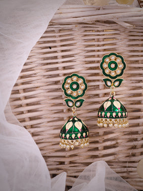 Green & Gold-Plated Kundan Studded Hand Painted Dome Shaped Jhumkas