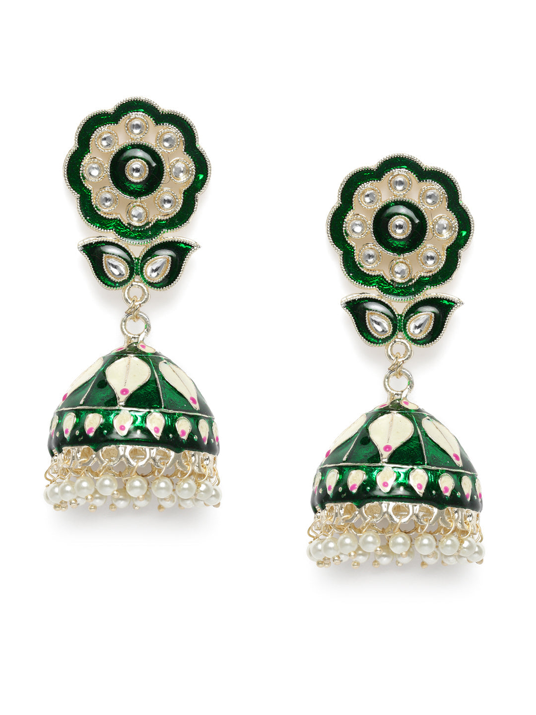 Green & Gold-Plated Kundan Studded Hand Painted Dome Shaped Jhumkas