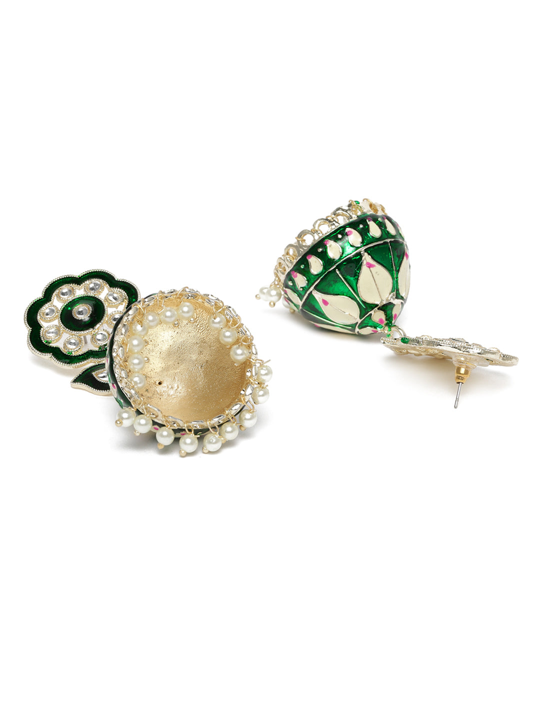 Green & Gold-Plated Kundan Studded Hand Painted Dome Shaped Jhumkas