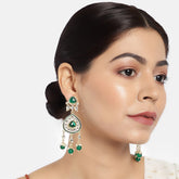 Gold-Plated & Green Kundan Studded Contemporary Drop Earrings