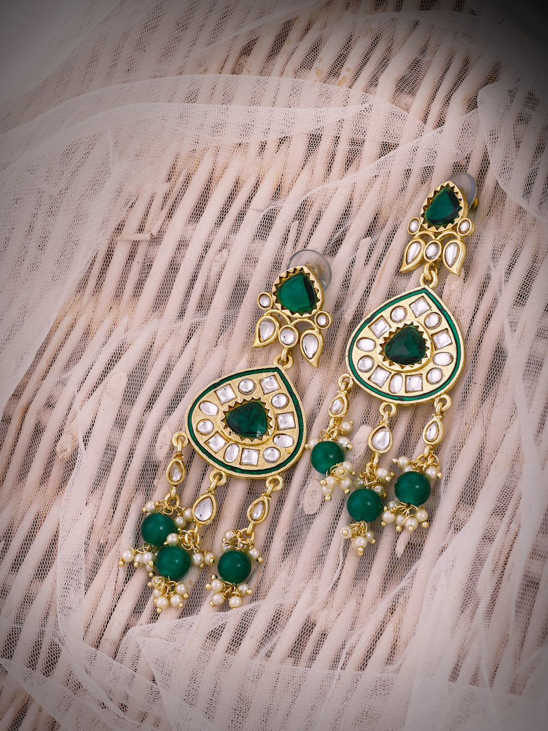 LAIDA Gold-Plated & Green Kundan Studded Contemporary Drop Earrings