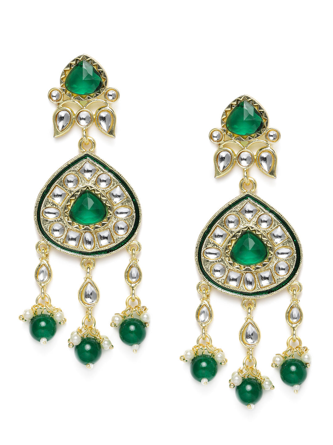 Gold-Plated & Green Kundan Studded Contemporary Drop Earrings