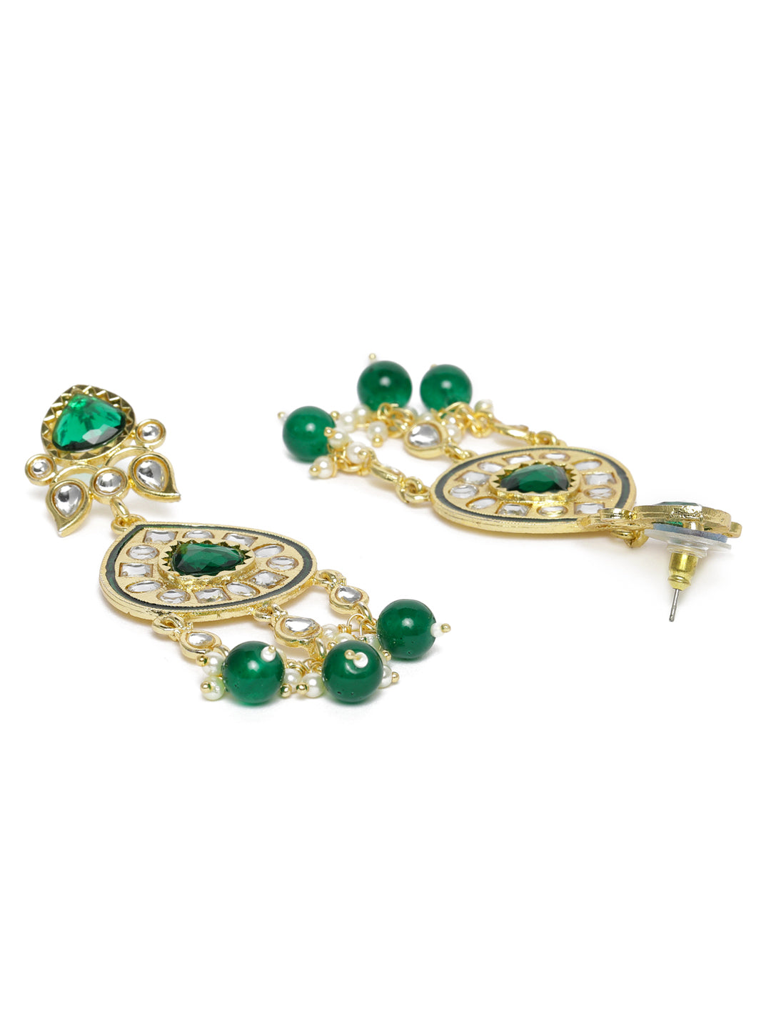 Gold-Plated & Green Kundan Studded Contemporary Drop Earrings