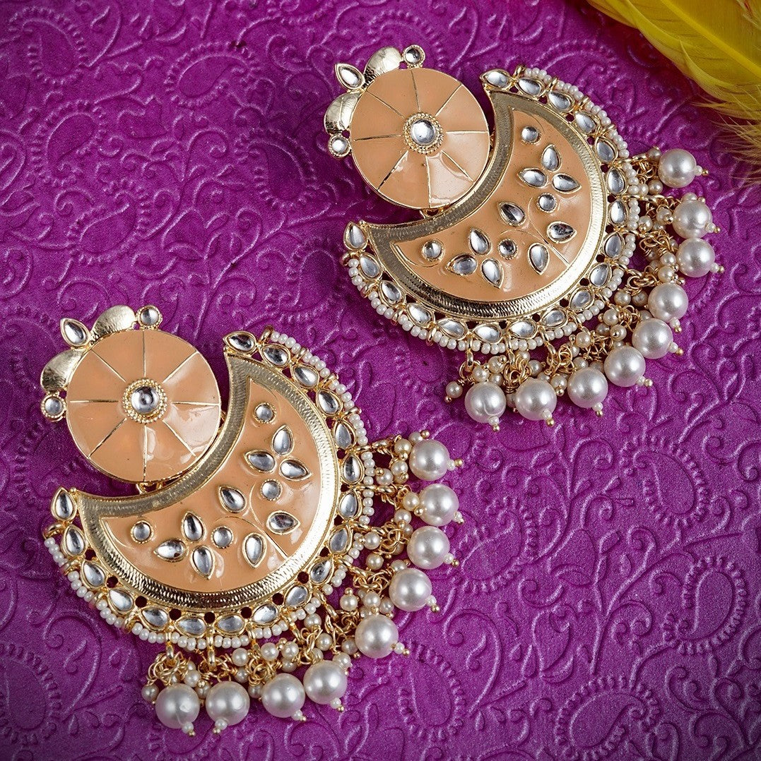 Gold-Plated & Beige Handcrafted Kundan Studded Crescent Shaped Chandbalis