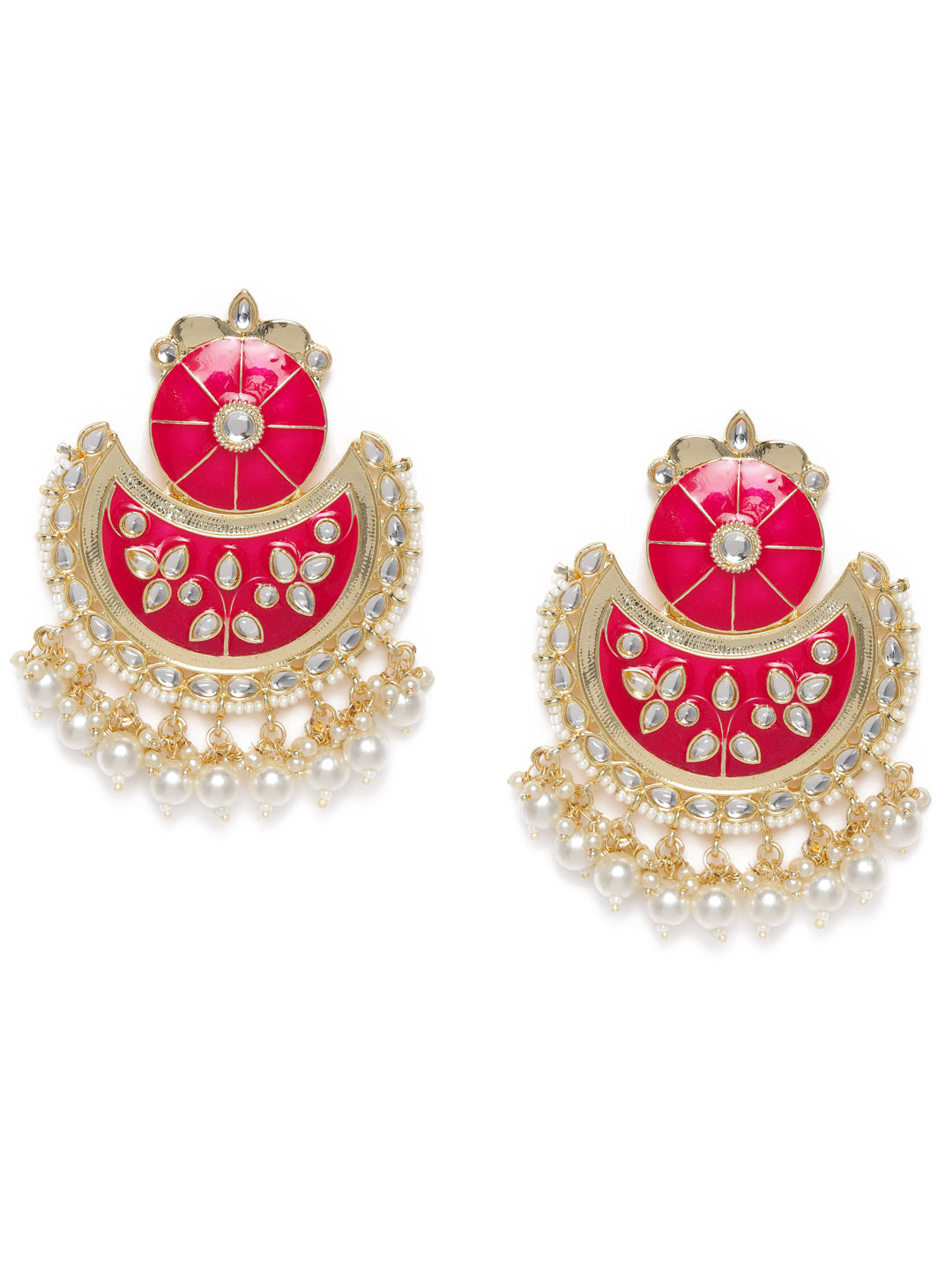 Gold-Plated & Pink Handcrafted Crescent Shaped Chandbalis