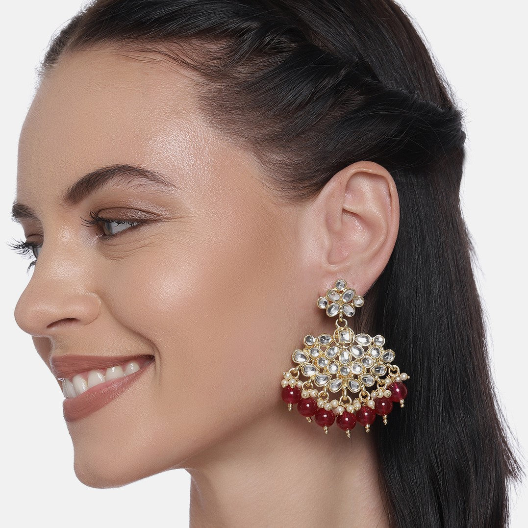 White & Maroon Gold Plated Kundan Studded Contemporary Drop Earrings