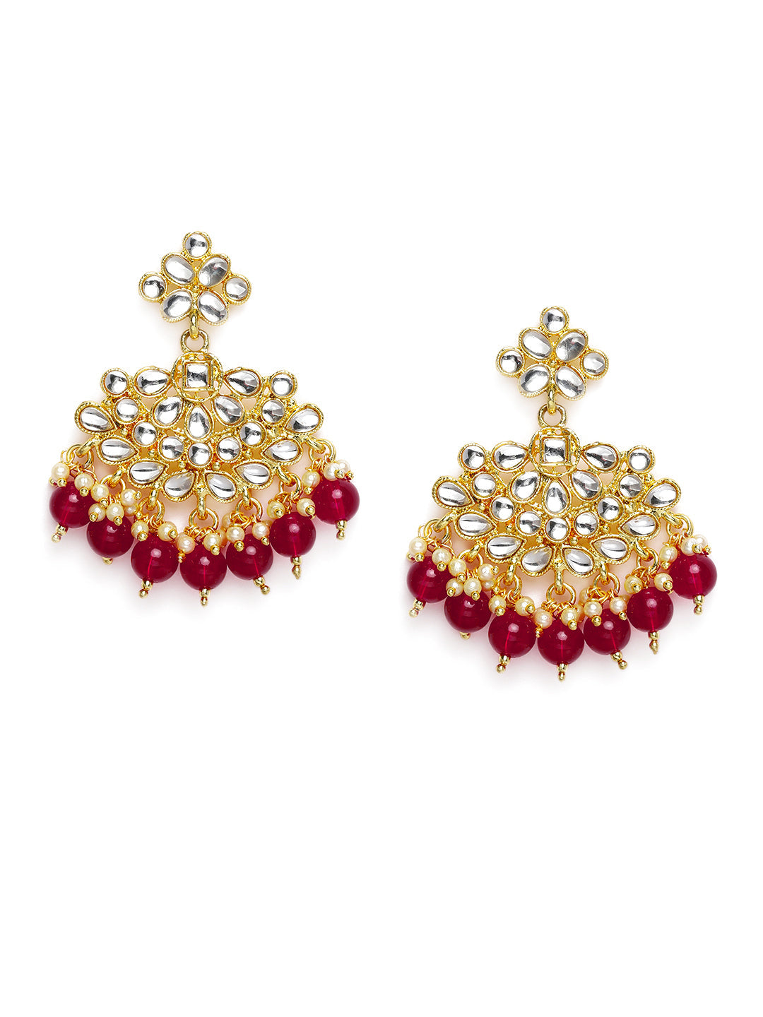 Laida White & Maroon Gold Plated Kundan Studded Contemporary Drop Earrings