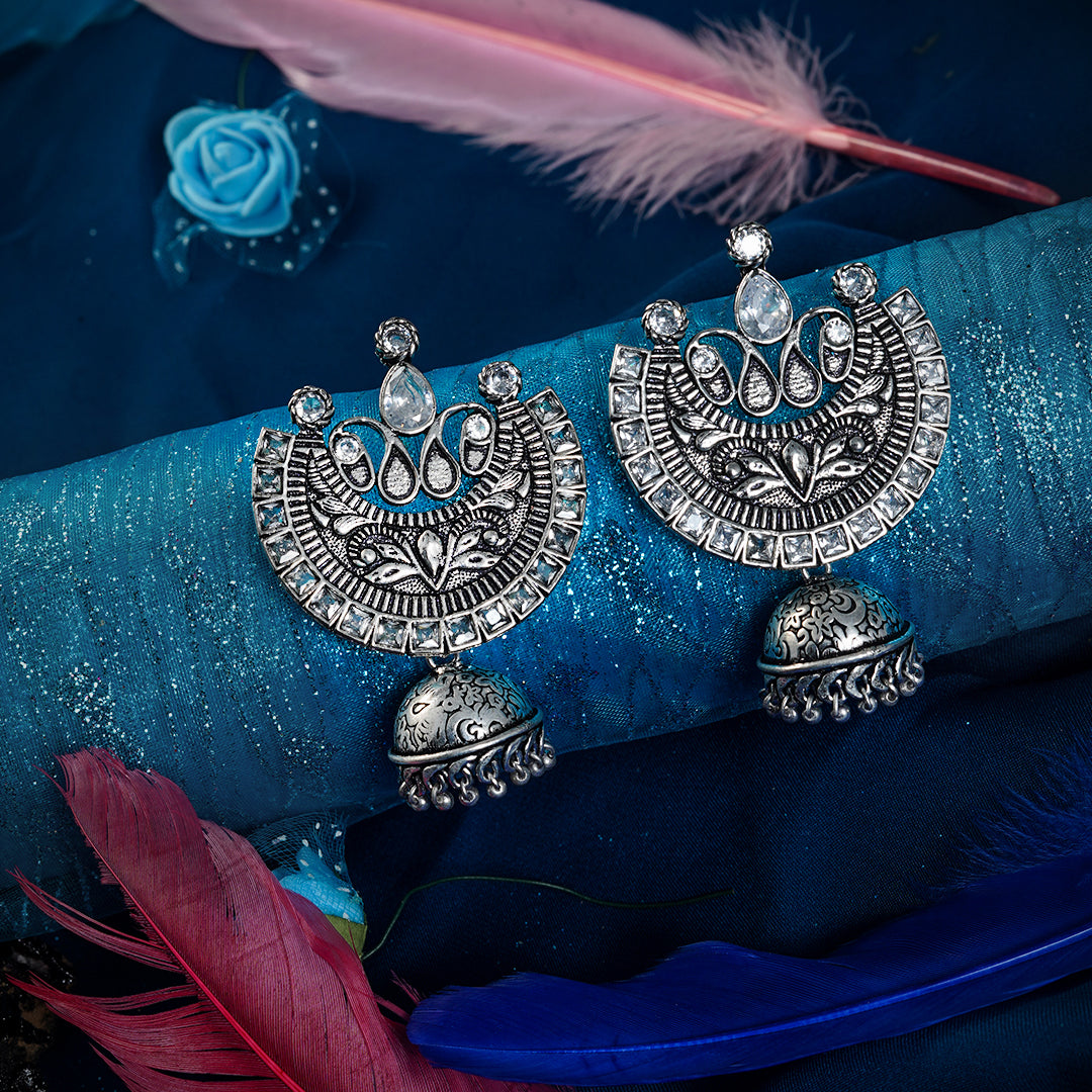 Ethnic Style with Oxidised Silver Dome shaped Jhumka Earrings