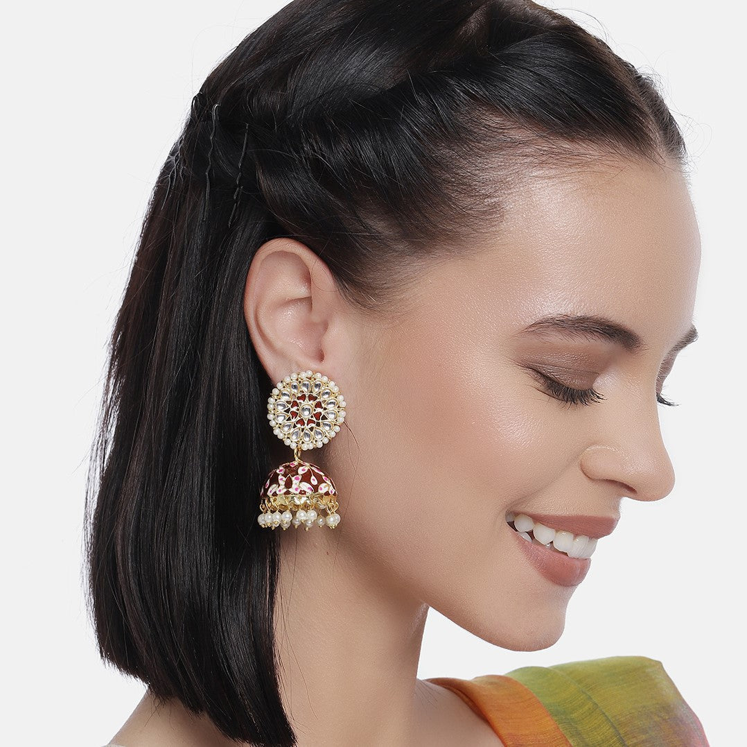 Gold-Plated & Maroon Embellished Dome Shaped Jhumkas