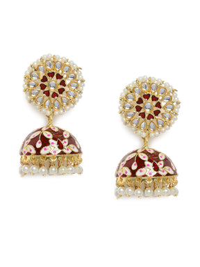 Gold-Plated & Maroon Embellished Dome Shaped Jhumkas