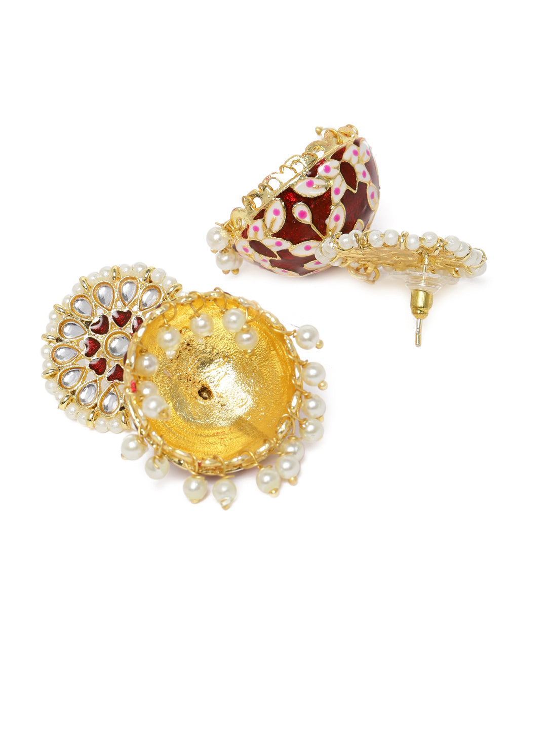 Gold-Plated & Maroon Embellished Dome Shaped Jhumkas