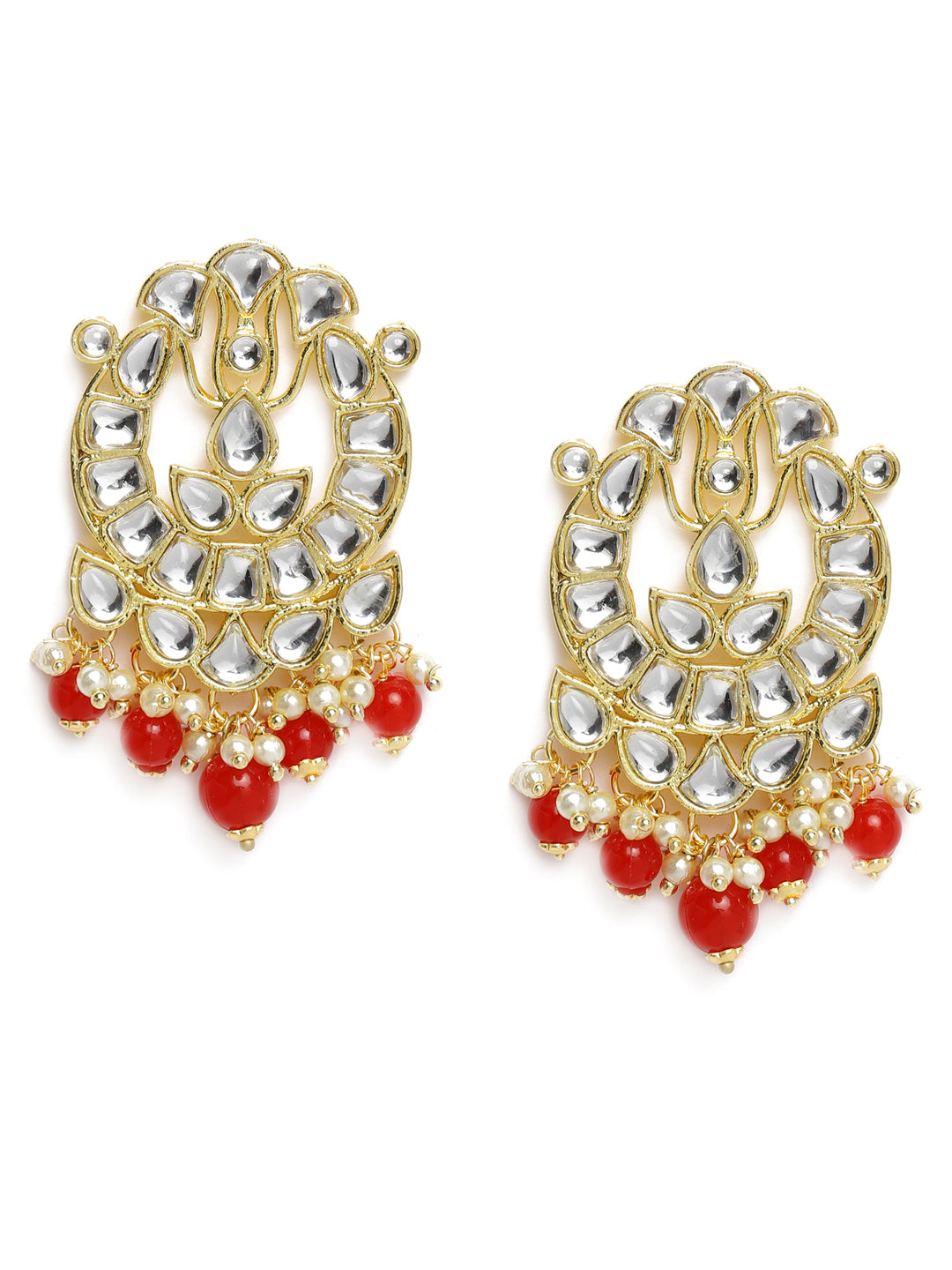 Gold-Plated & White Kundan Studded Circular Drop Earrings