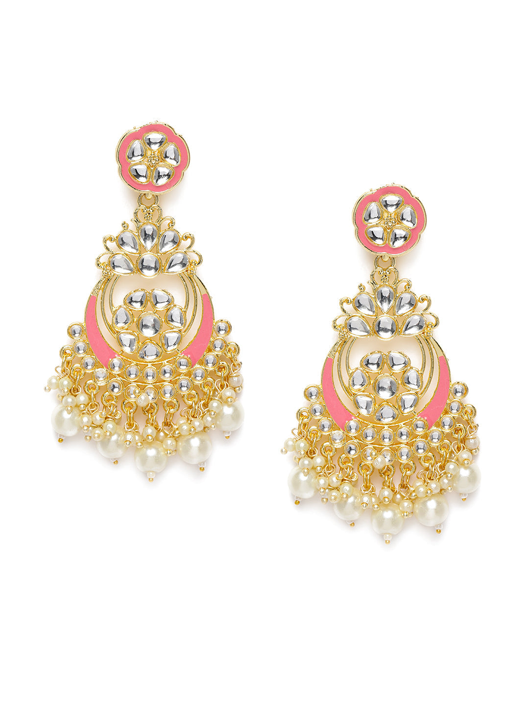 Pink & Gold-Plated Kundan Studded Crescent Shaped Chandbalis