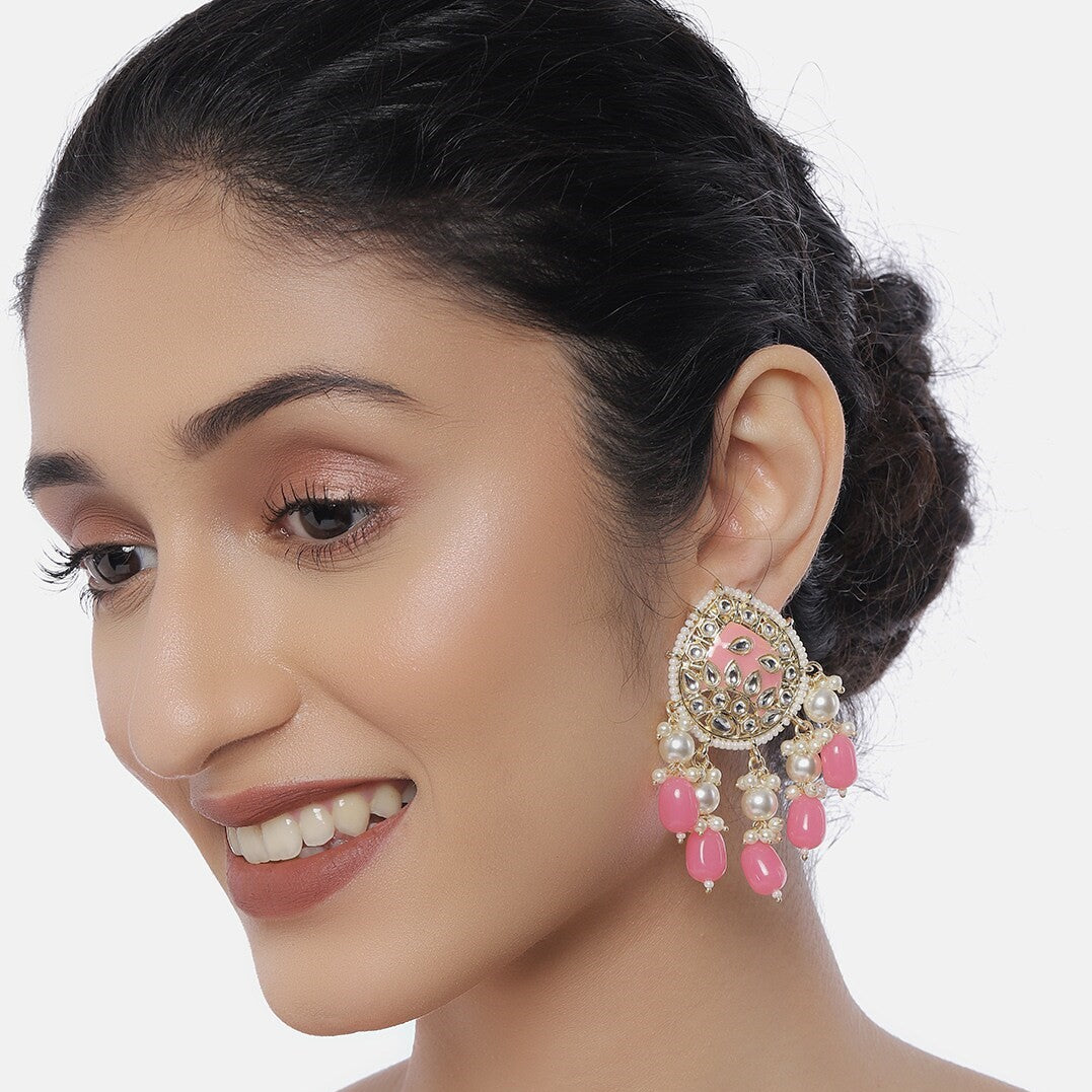 Gold-Plated & Pink Kundan Studded Classic Drop Earrings