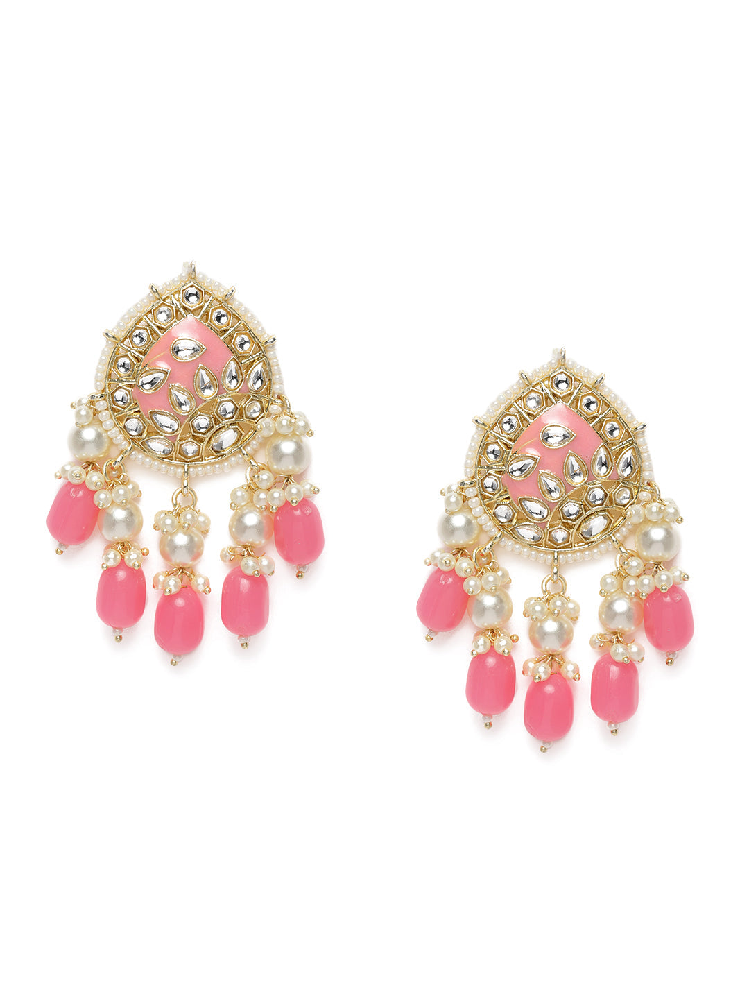 Gold-Plated & Pink Kundan Studded Classic Drop Earrings