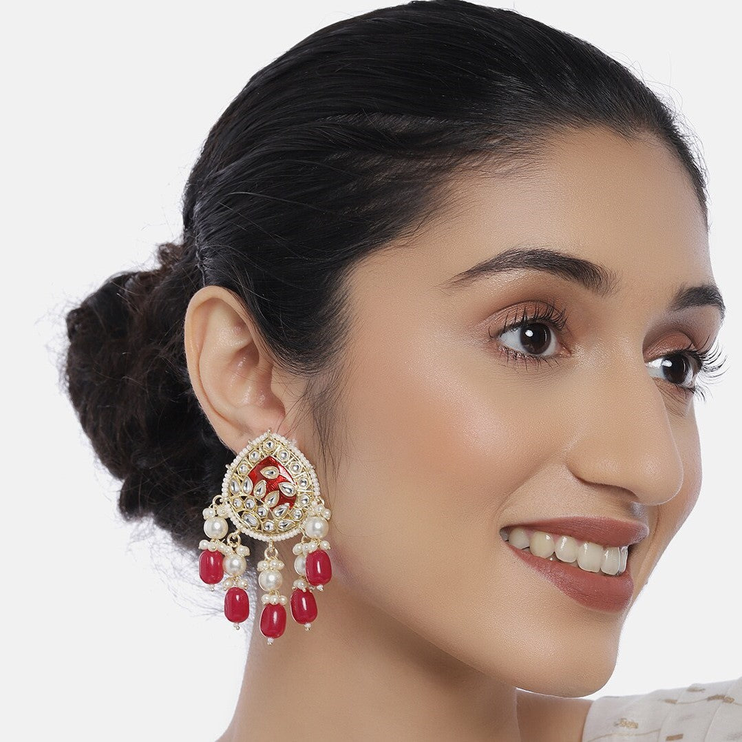 Maroon Gold-Plated Kundan-Studded Teardrop Shaped Drop Earrings