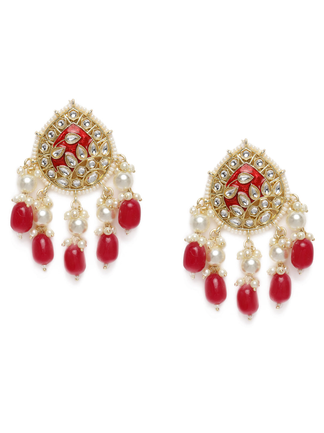 Maroon Gold-Plated Kundan-Studded Teardrop Shaped Drop Earrings