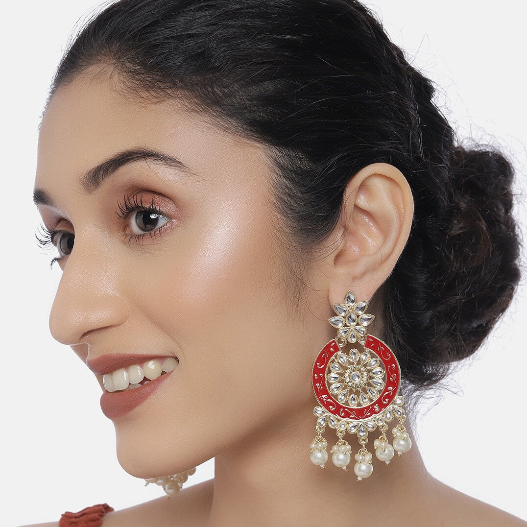 Gold-Plated & Red Kundan Studded Classic Chandbalis