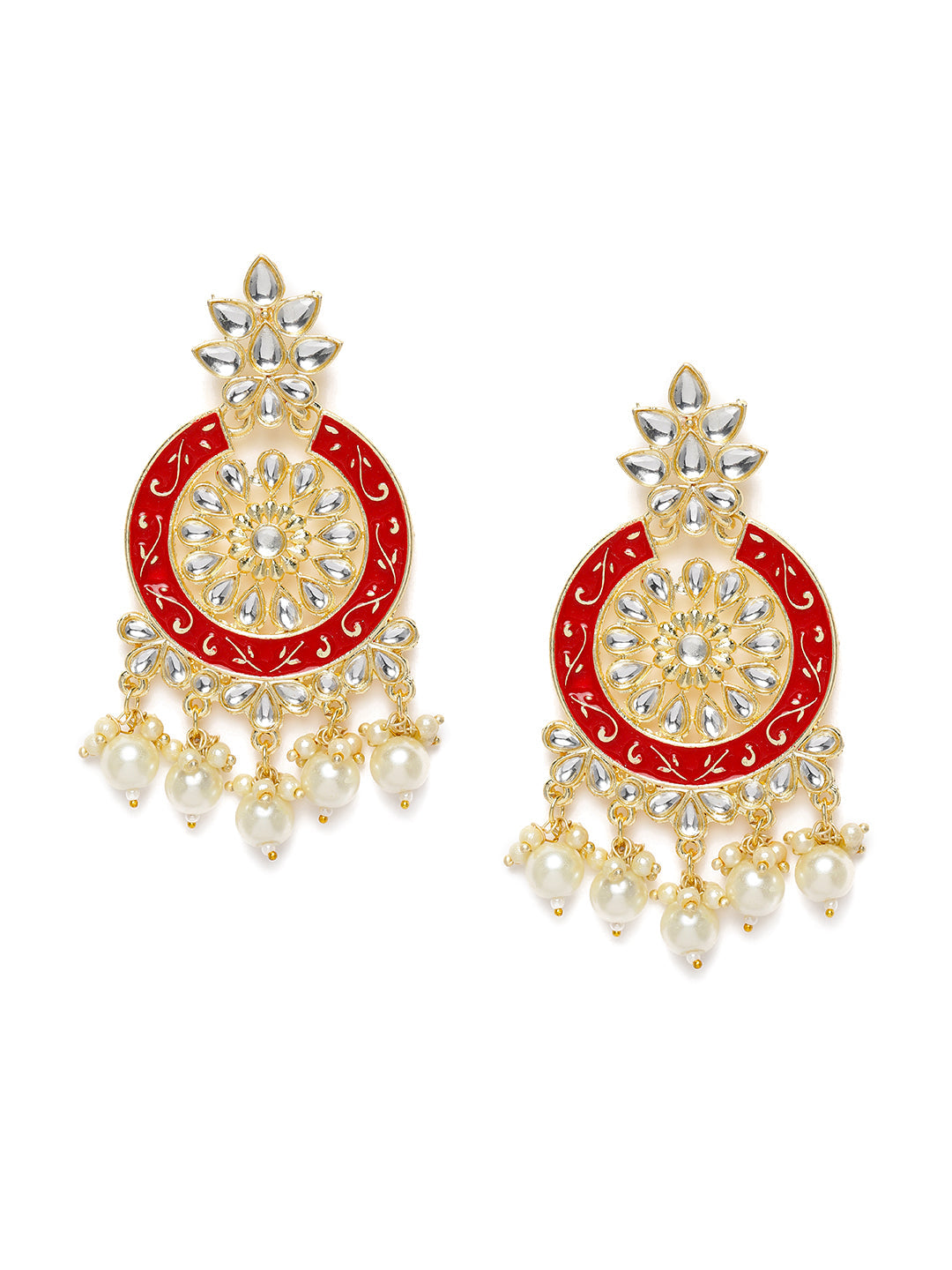 Gold-Plated & Red Kundan Studded Classic Chandbalis