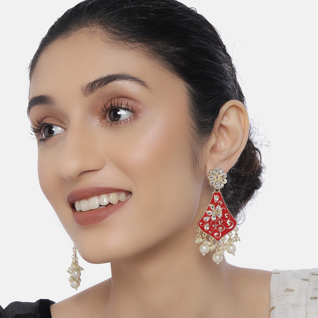 Gold-Plated & Red Classic Drop Earrings