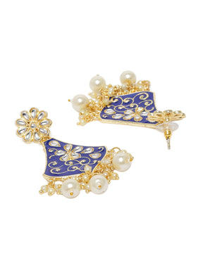 Blue & Gold-Plated Kundan Studded Classic Drop Earrings