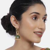 Gold-Plated & Green Kundan Studded Classic Jhumkas