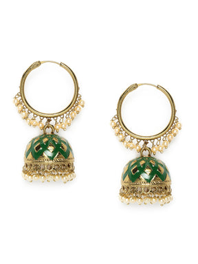 Gold-Plated & Green Kundan Studded Classic Jhumkas