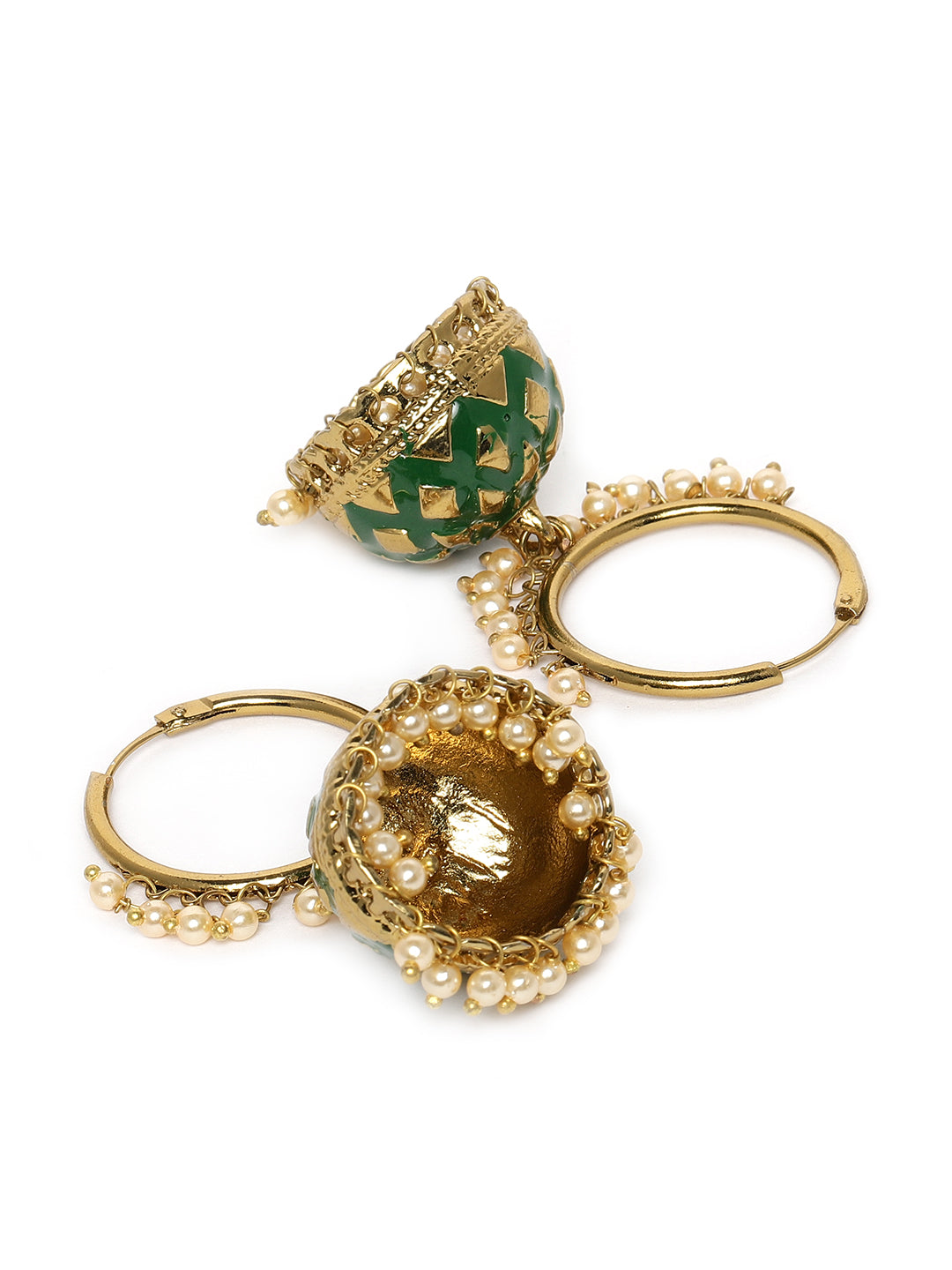 Gold-Plated & Green Kundan Studded Classic Jhumkas