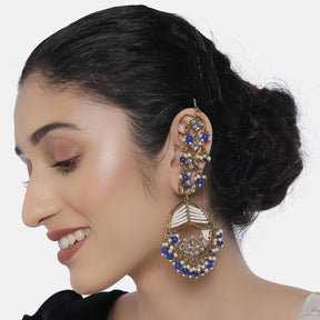 Blue Gold-Plated Classic Handcrafted Drop Earrings with Earchains