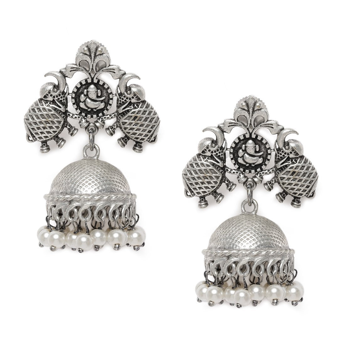 LAIDA Oxidized Silver-Plated Handcrafted Pearls Dome Shaped Jhumkas