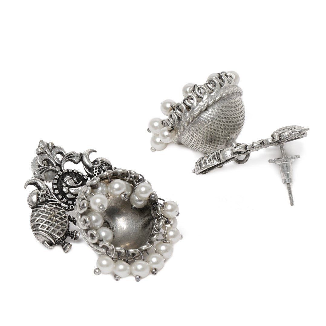 Oxidized Silver-Plated Handcrafted Pearls Dome Shaped Jhumkas