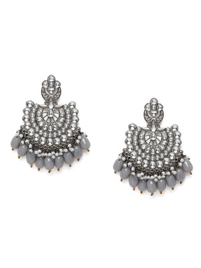 Silver-Toned Rhodium-Plated Handcrafted Kundan & Pearl Crescent Shaped Drop Earrings