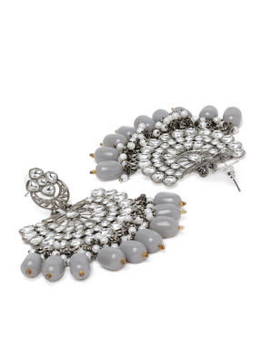 Silver-Toned Rhodium-Plated Handcrafted Kundan & Pearl Crescent Shaped Drop Earrings