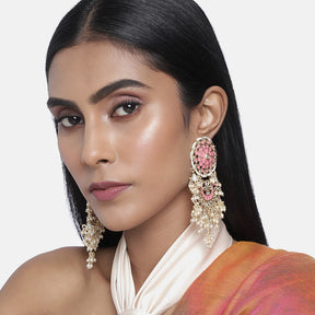 Pink Gold-Plated Kundan Studded Handcrafted Enamelled Drop Earrings