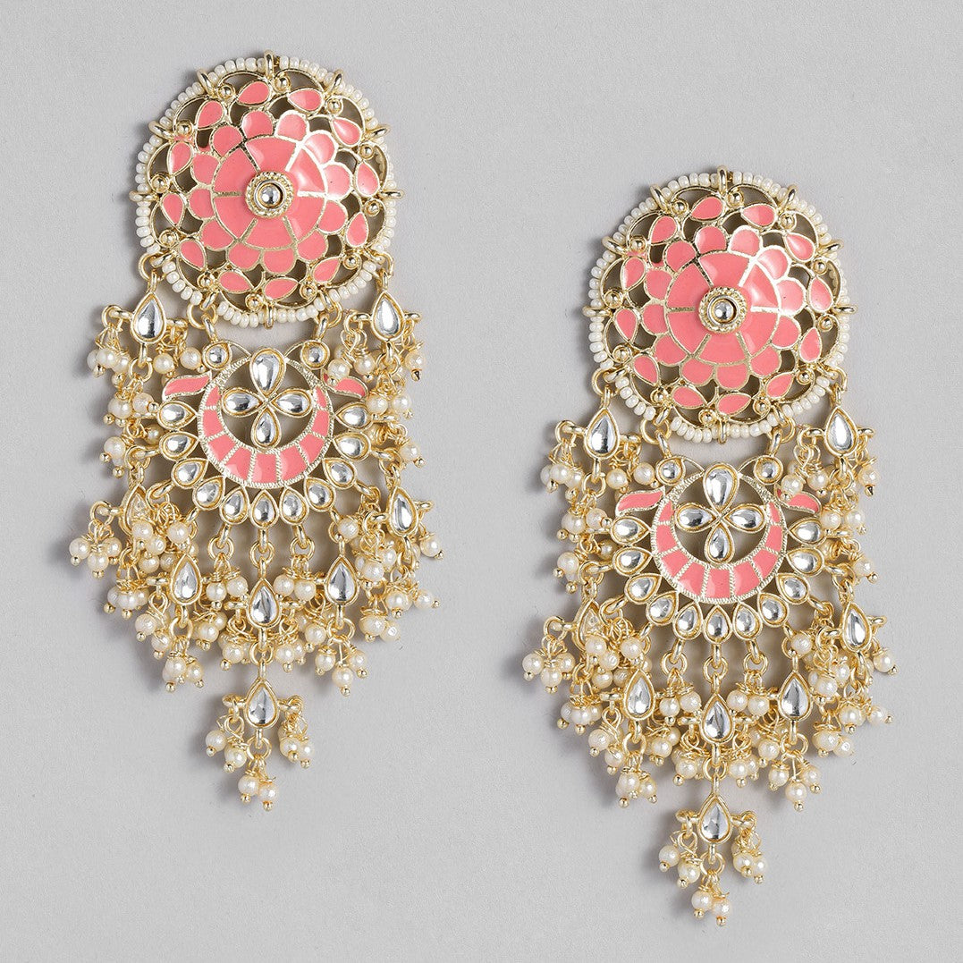 Pink Gold-Plated Kundan Studded Handcrafted Enamelled Drop Earrings