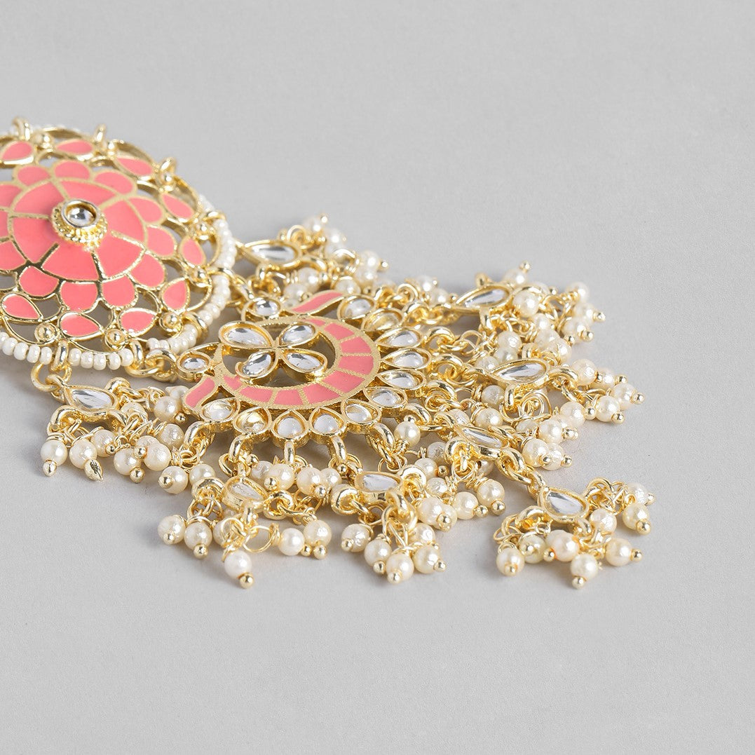 Pink Gold-Plated Kundan Studded Handcrafted Enamelled Drop Earrings