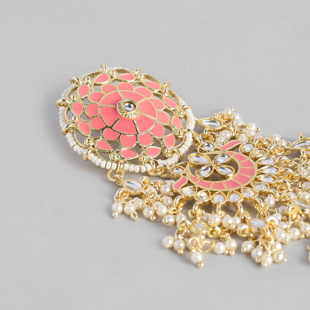 Pink Gold-Plated Kundan Studded Handcrafted Enamelled Drop Earrings