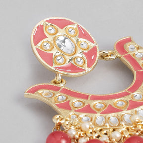 Pink Gold-Plated Handcrafted Kundan Studded Enamelled Chandbalis