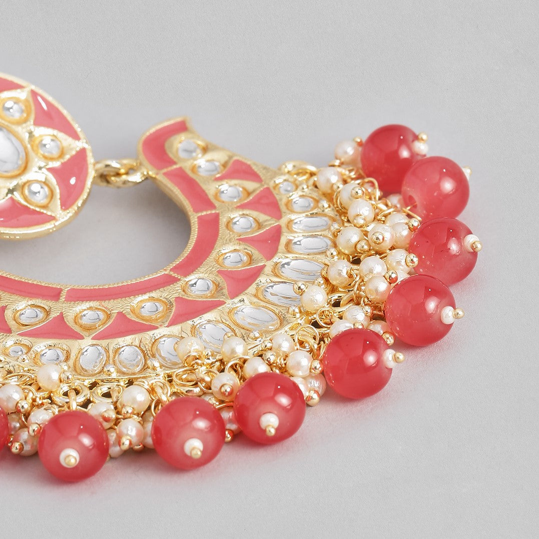 Pink Gold-Plated Handcrafted Kundan Studded Enamelled Chandbalis