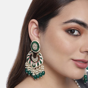 Green & Gold-Toned Contemporary Drop Earrings