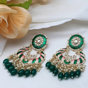 Green & Gold-Toned Contemporary Drop Earrings