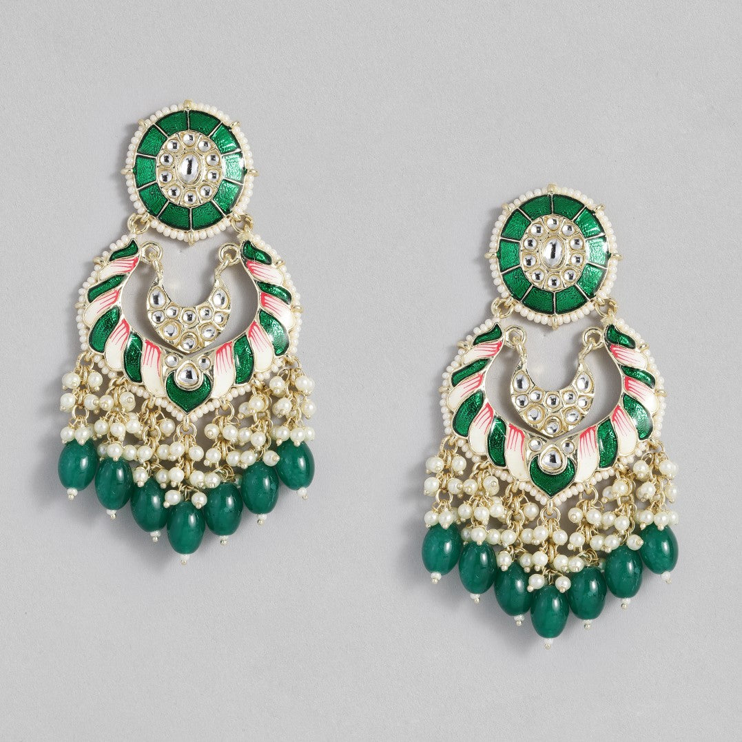 Green & Gold-Toned Contemporary Drop Earrings