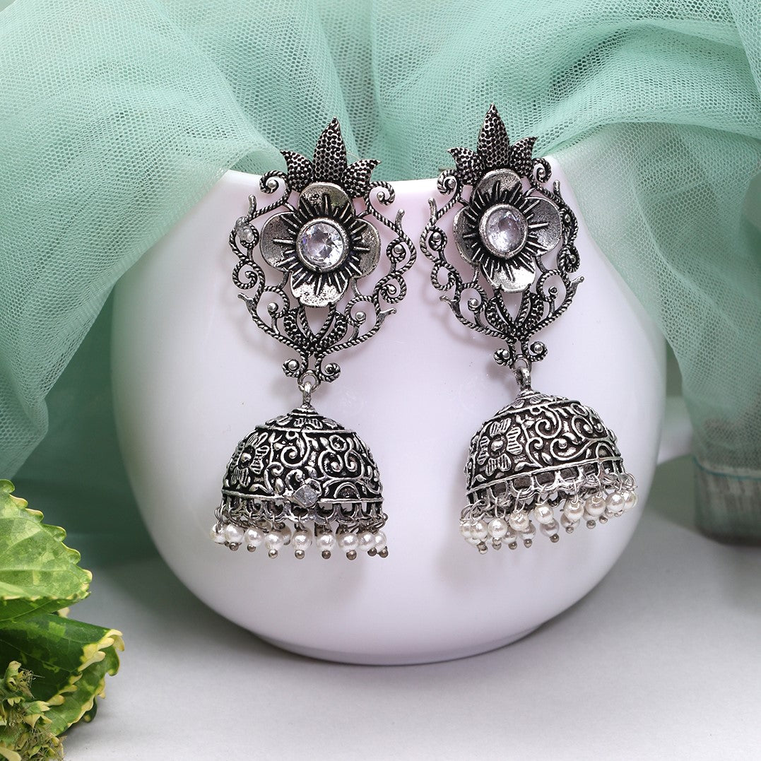 Silver-Toned Oxidized Dome Shaped Jhumkas Earrings