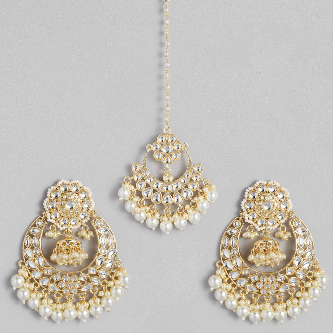 Laida Gold-Plated Kundan Stone-Studded & Beaded Handcrafted Maang Tika with Earrings