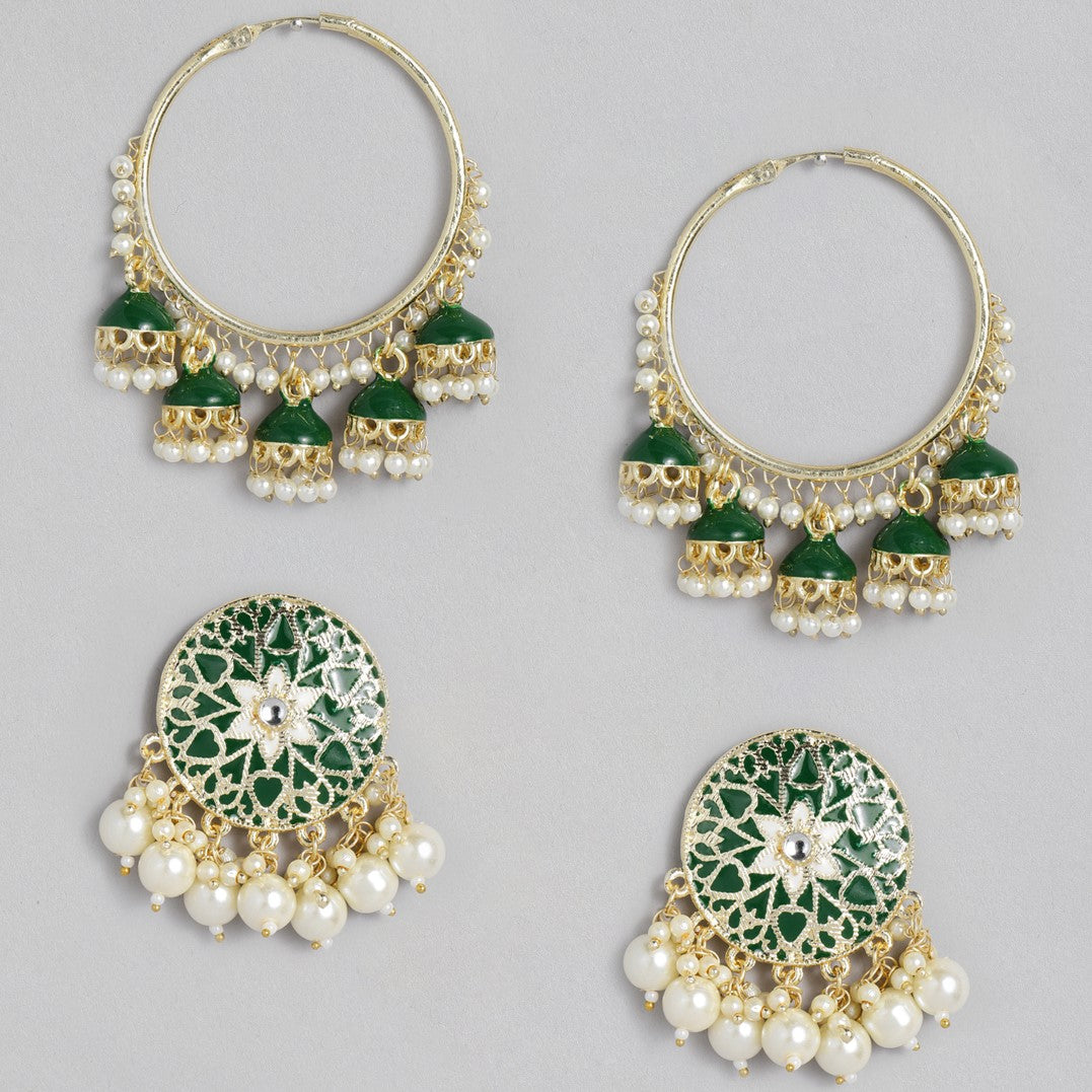 Laida Set Of 2 Green & White Gold-Plated Handcrafted Embellished Enamel Earrings