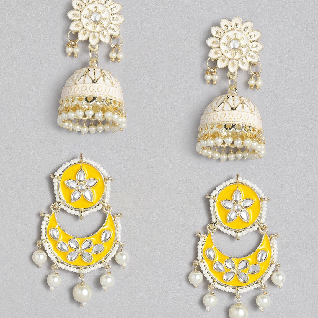 Laida Set Of 2 Yellow & White Gold-Plated Handcrafted Embellished Enamel Earrings