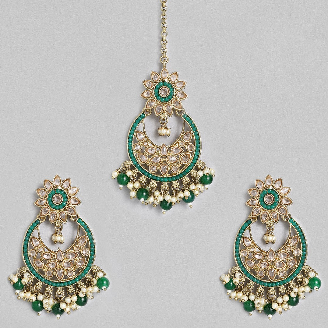 Laida Gold-Plated & Green Handcrafted Earrings with Maangtikka