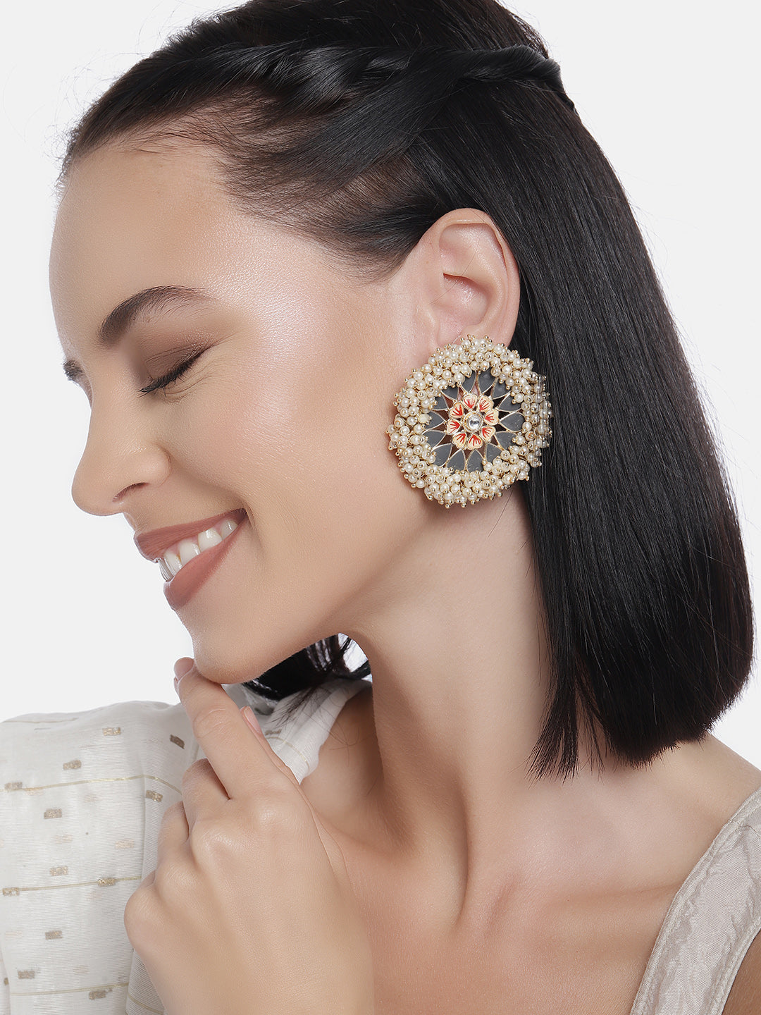 Laida Gold-Plated & Grey Enamelled Pearl Studded Circular Studs